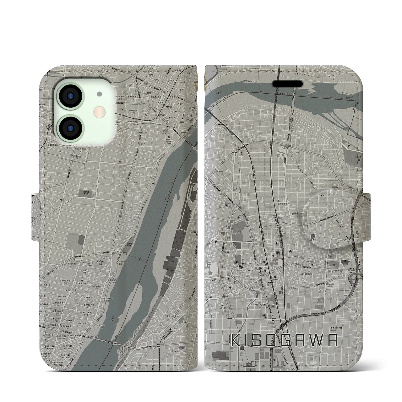 【木曽川(愛知県)】地図柄iPhoneケース(手帳タイプ)モノトーン・iPhone 12 mini 用
