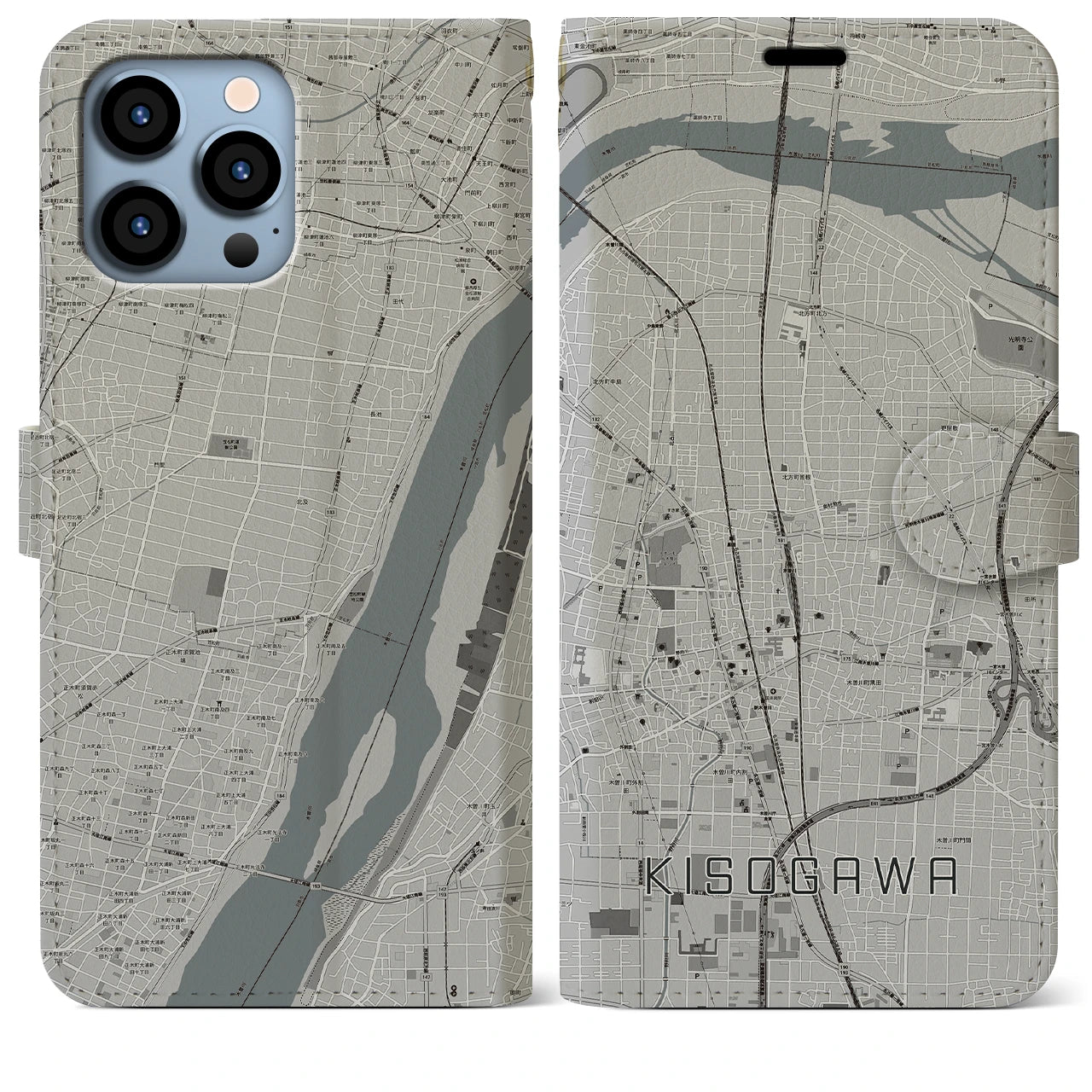 【木曽川(愛知県)】地図柄iPhoneケース(手帳タイプ)モノトーン・iPhone 13 Pro Max 用