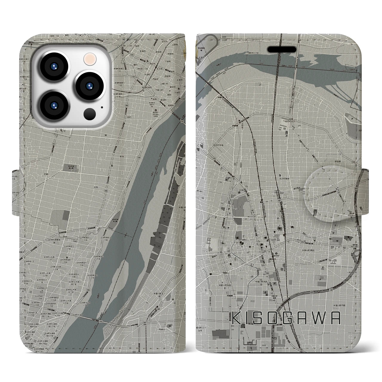 【木曽川(愛知県)】地図柄iPhoneケース(手帳タイプ)モノトーン・iPhone 13 Pro 用