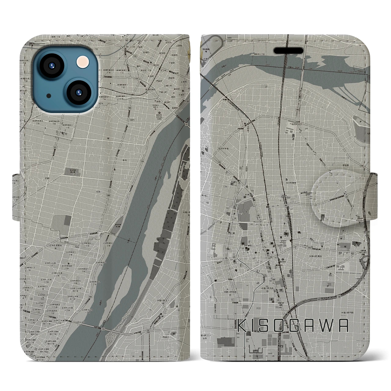 【木曽川(愛知県)】地図柄iPhoneケース(手帳タイプ)モノトーン・iPhone 13 用