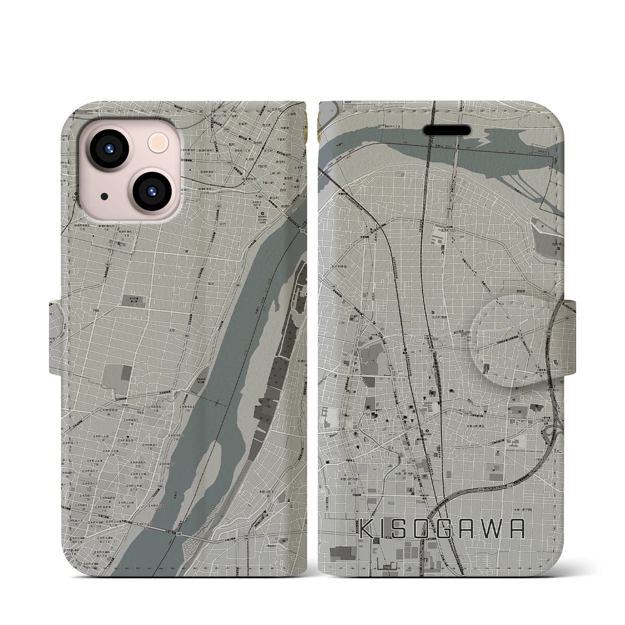 【木曽川(愛知県)】地図柄iPhoneケース(手帳タイプ)モノトーン・iPhone 13 mini 用