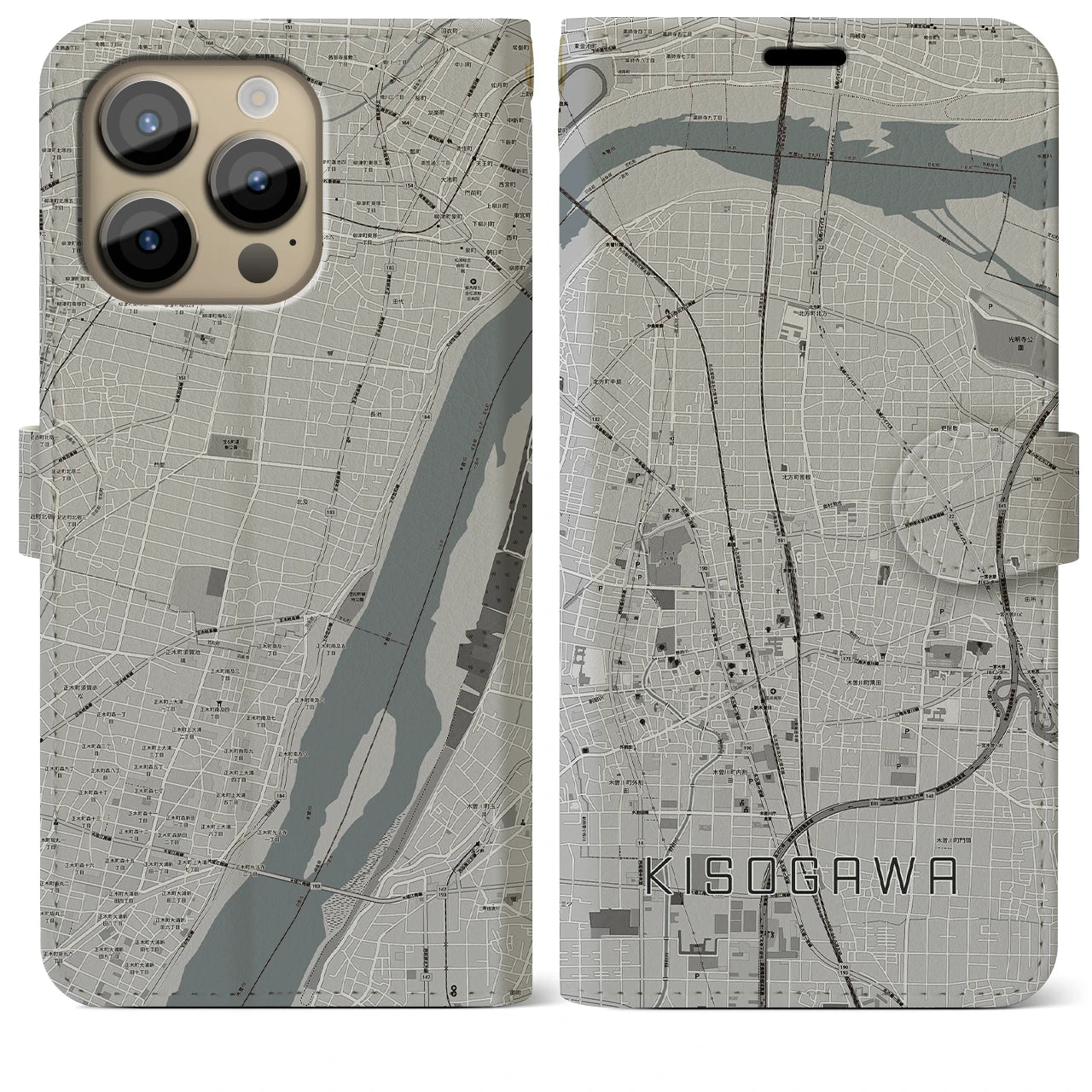 【木曽川(愛知県)】地図柄iPhoneケース(手帳タイプ)モノトーン・iPhone 14 Pro Max 用