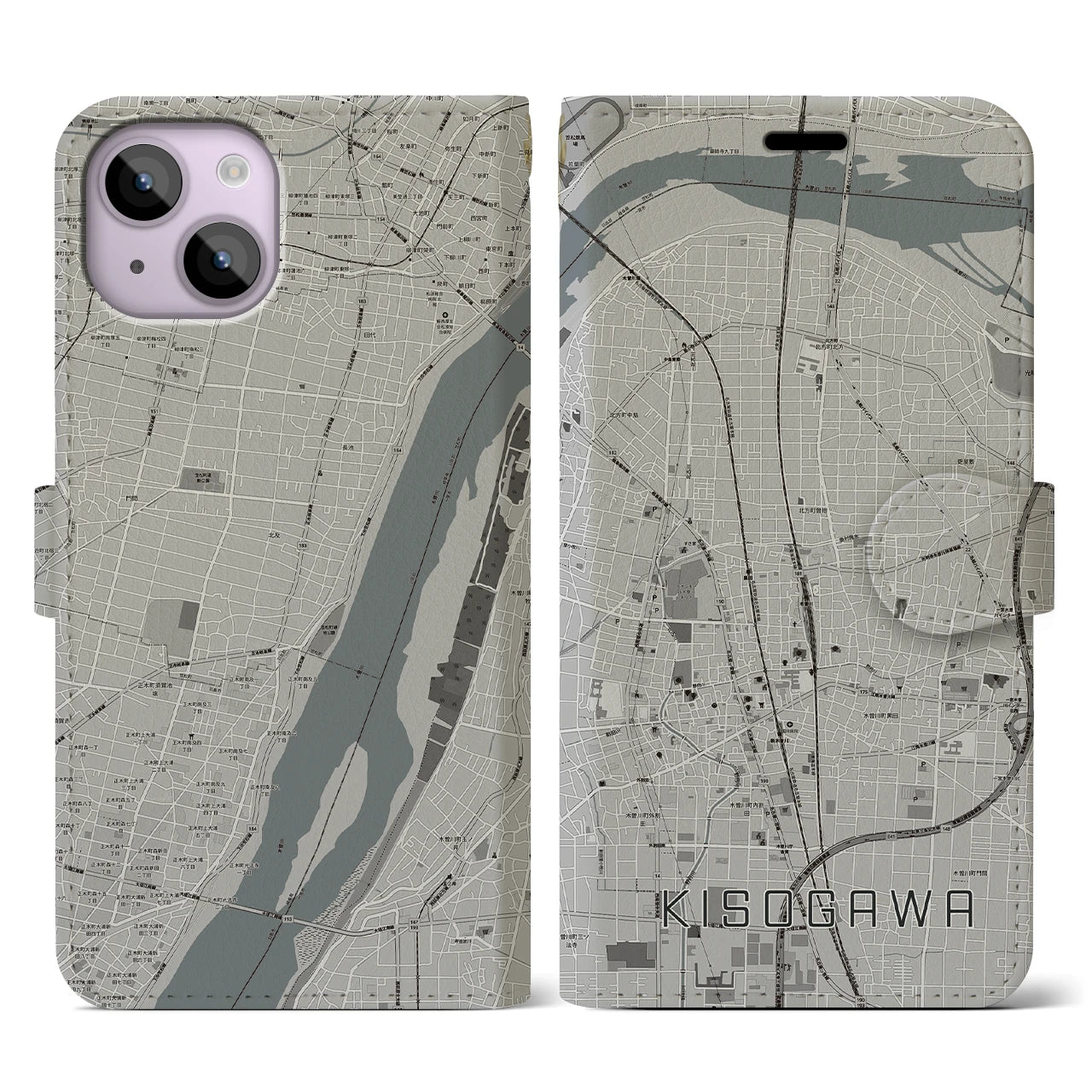 【木曽川(愛知県)】地図柄iPhoneケース(手帳タイプ)モノトーン・iPhone 14 用