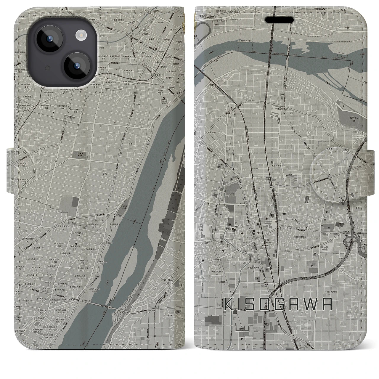 【木曽川(愛知県)】地図柄iPhoneケース(手帳タイプ)モノトーン・iPhone 14 Plus 用