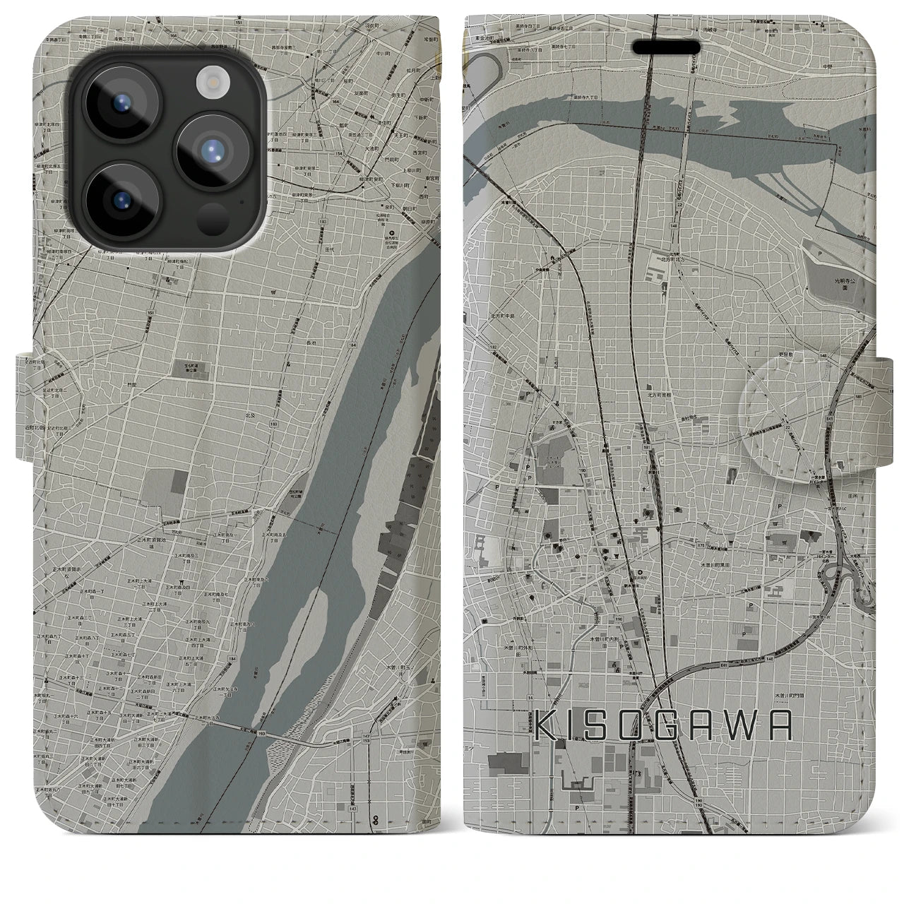 【木曽川(愛知県)】地図柄iPhoneケース(手帳タイプ)モノトーン・iPhone 15 Pro Max 用