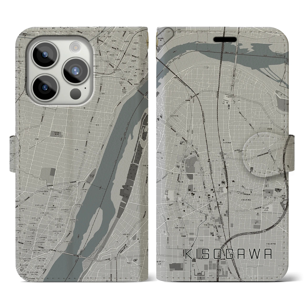 【木曽川(愛知県)】地図柄iPhoneケース(手帳タイプ)モノトーン・iPhone 15 Pro 用