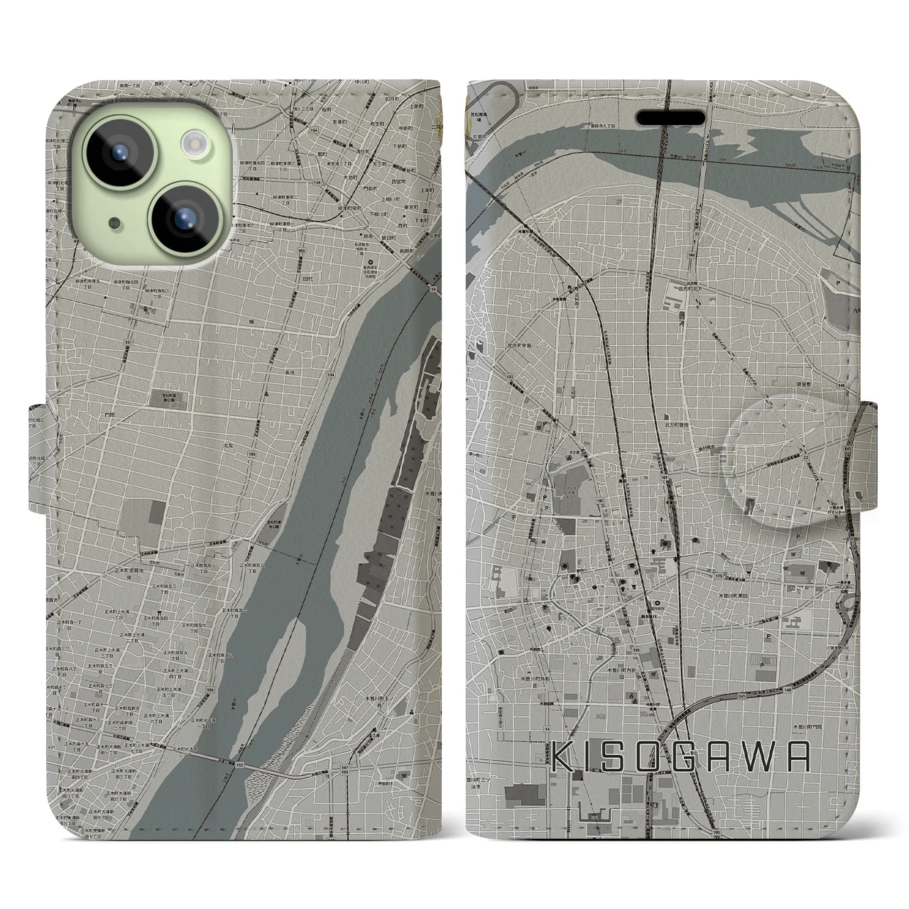 【木曽川(愛知県)】地図柄iPhoneケース(手帳タイプ)モノトーン・iPhone 15 用