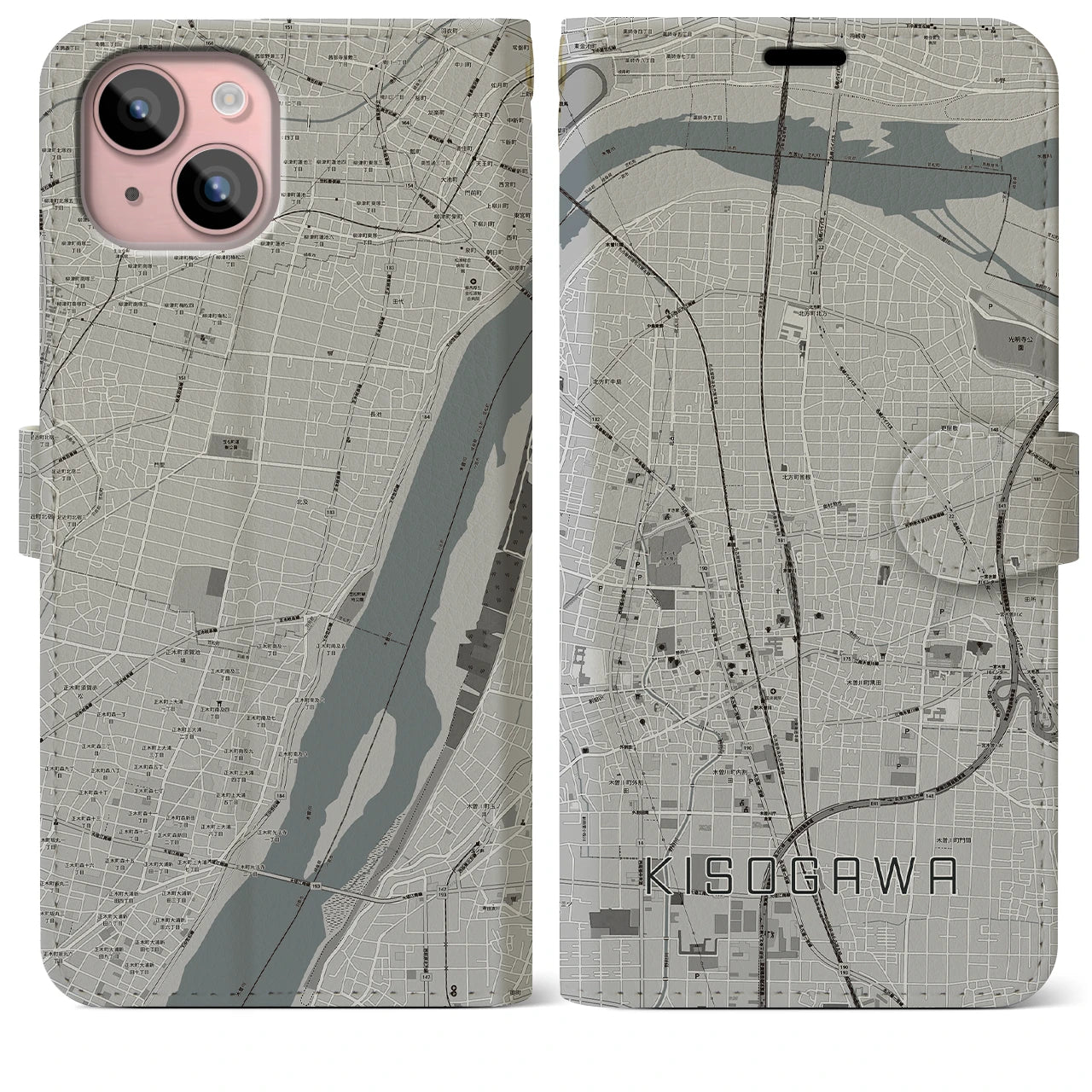 【木曽川(愛知県)】地図柄iPhoneケース(手帳タイプ)モノトーン・iPhone 15 Plus 用
