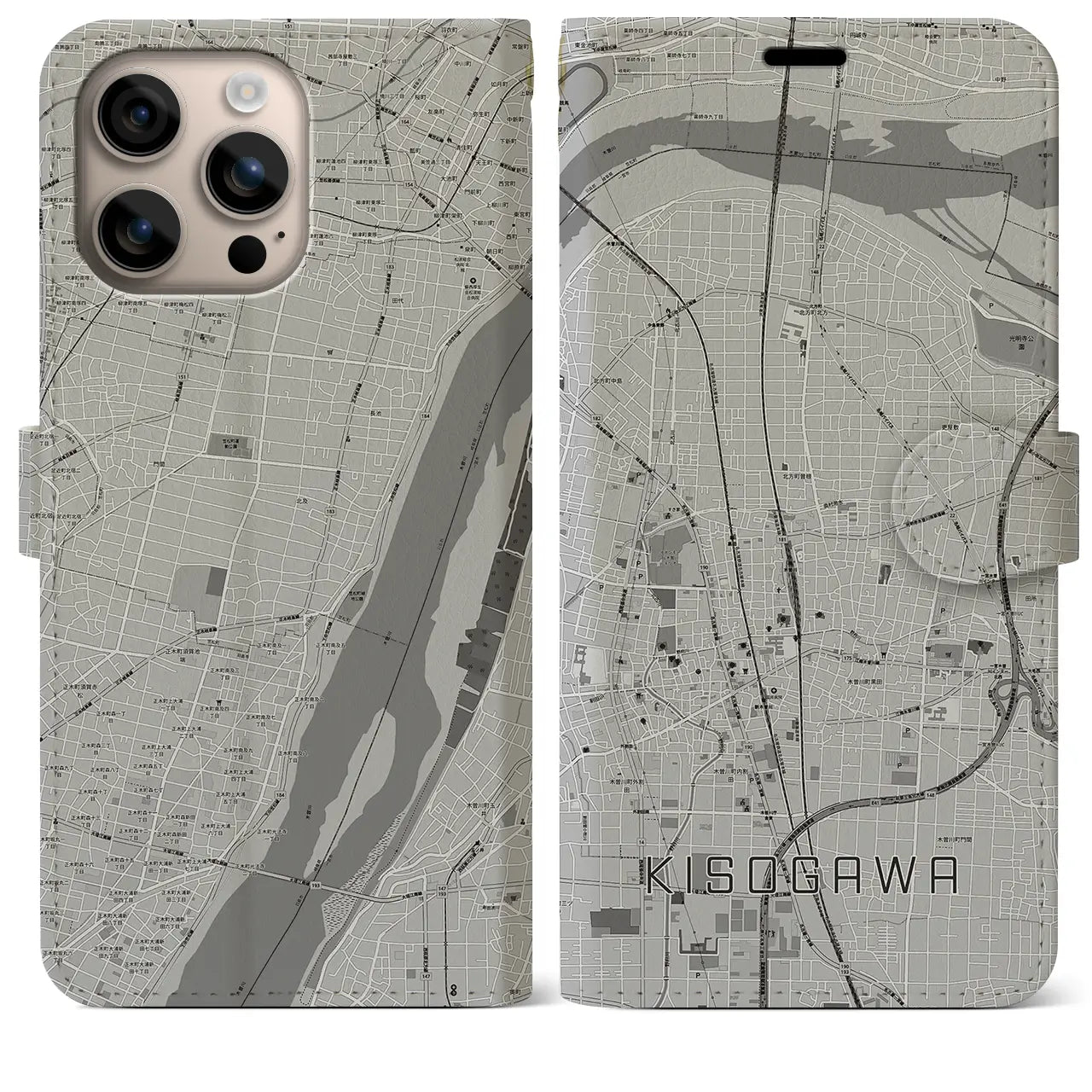 【木曽川(愛知県)】地図柄iPhoneケース(手帳タイプ)モノトーン・iPhone 16 Plus 用