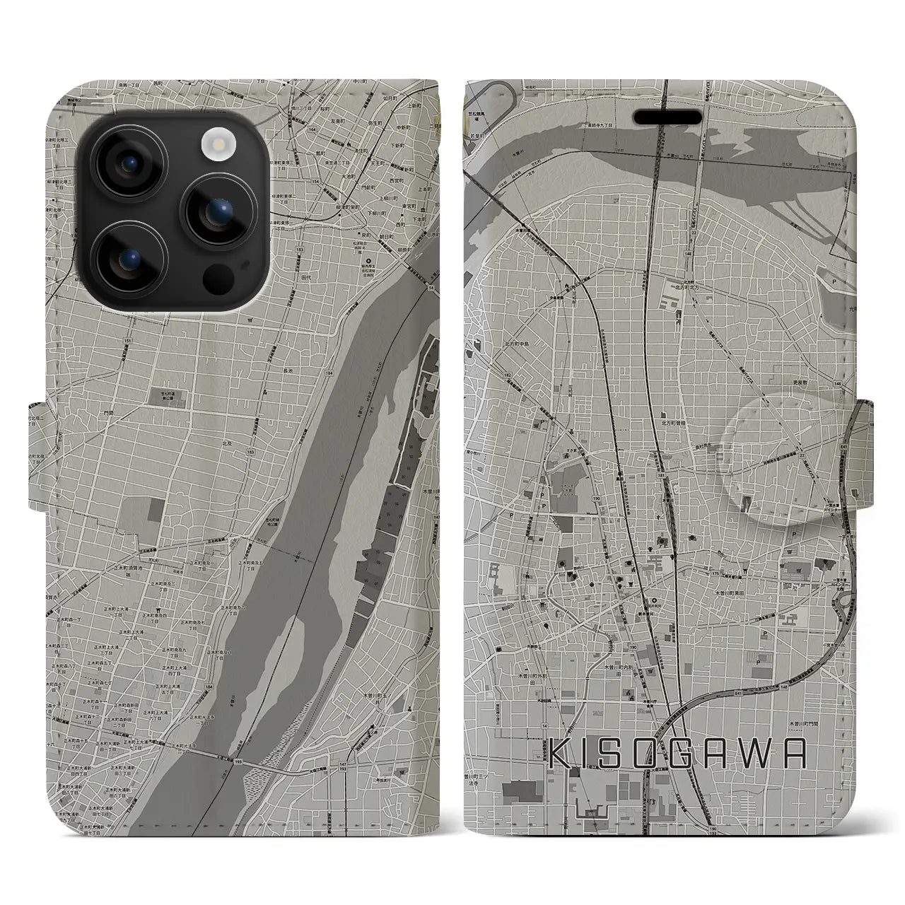 【木曽川(愛知県)】地図柄iPhoneケース(手帳タイプ)モノトーン・iPhone 16 用
