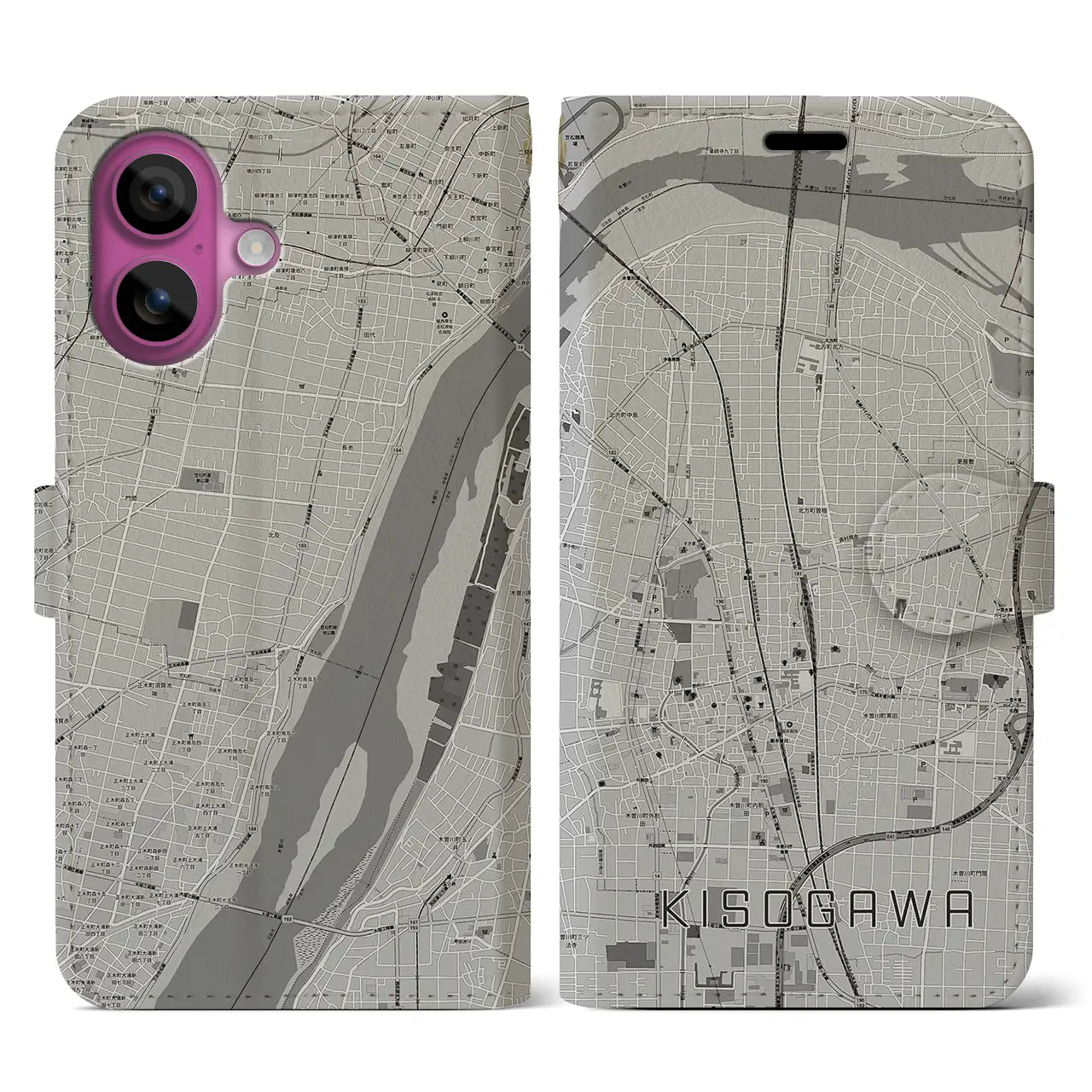 【木曽川(愛知県)】地図柄iPhoneケース(手帳タイプ)モノトーン・iPhone 16 Pro 用