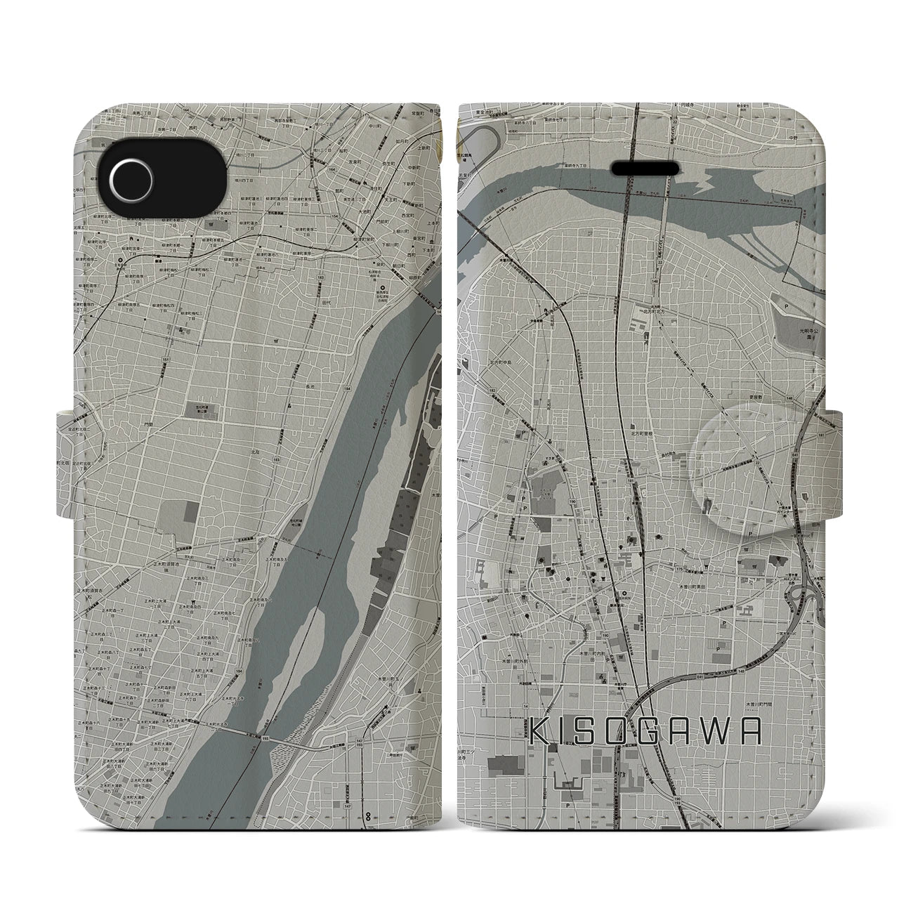 【木曽川(愛知県)】地図柄iPhoneケース(手帳タイプ)モノトーン・iPhone SE(第3 / 第2世代) / 8 / 7 / 6s / 6 用