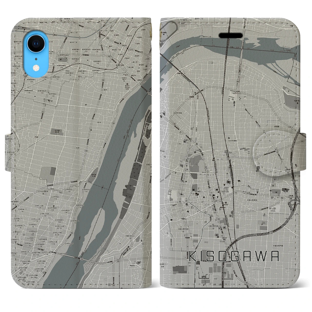 【木曽川(愛知県)】地図柄iPhoneケース(手帳タイプ)モノトーン・iPhone XR 用
