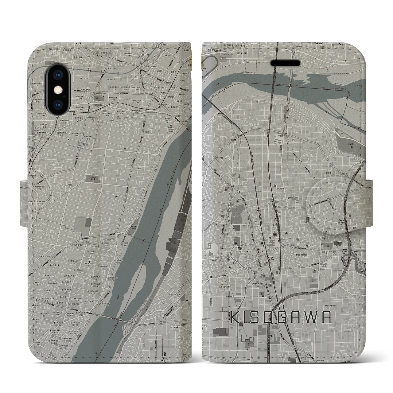 【木曽川(愛知県)】地図柄iPhoneケース(手帳タイプ)モノトーン・iPhone XS / X 用