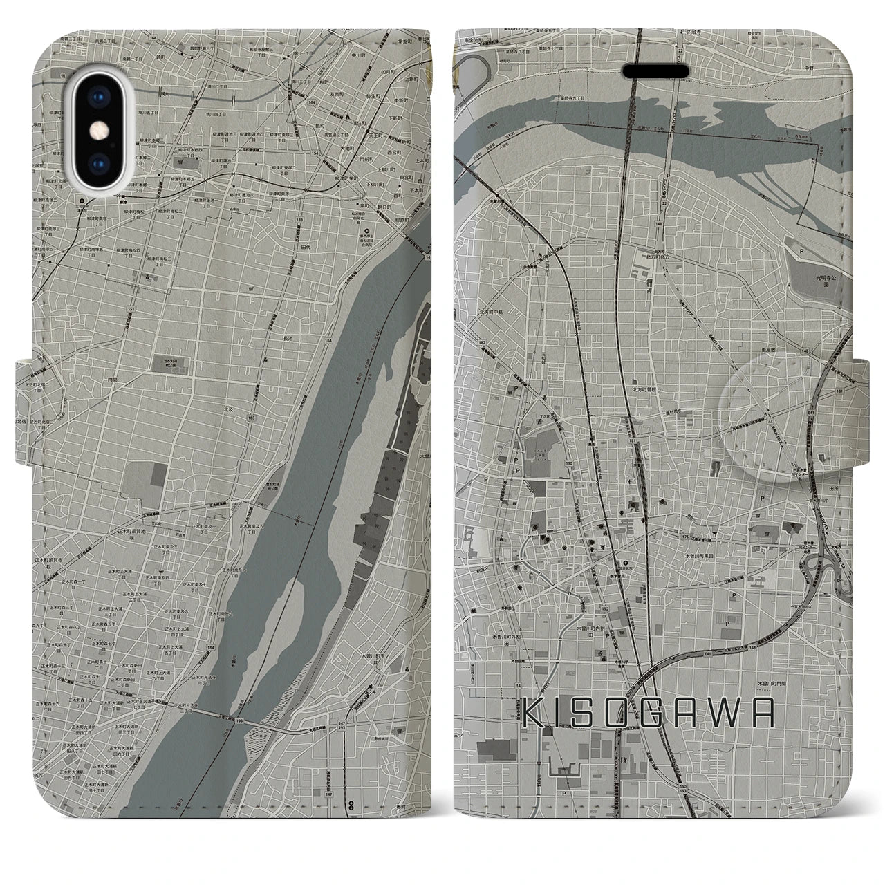 【木曽川(愛知県)】地図柄iPhoneケース(手帳タイプ)モノトーン・iPhone XS Max 用