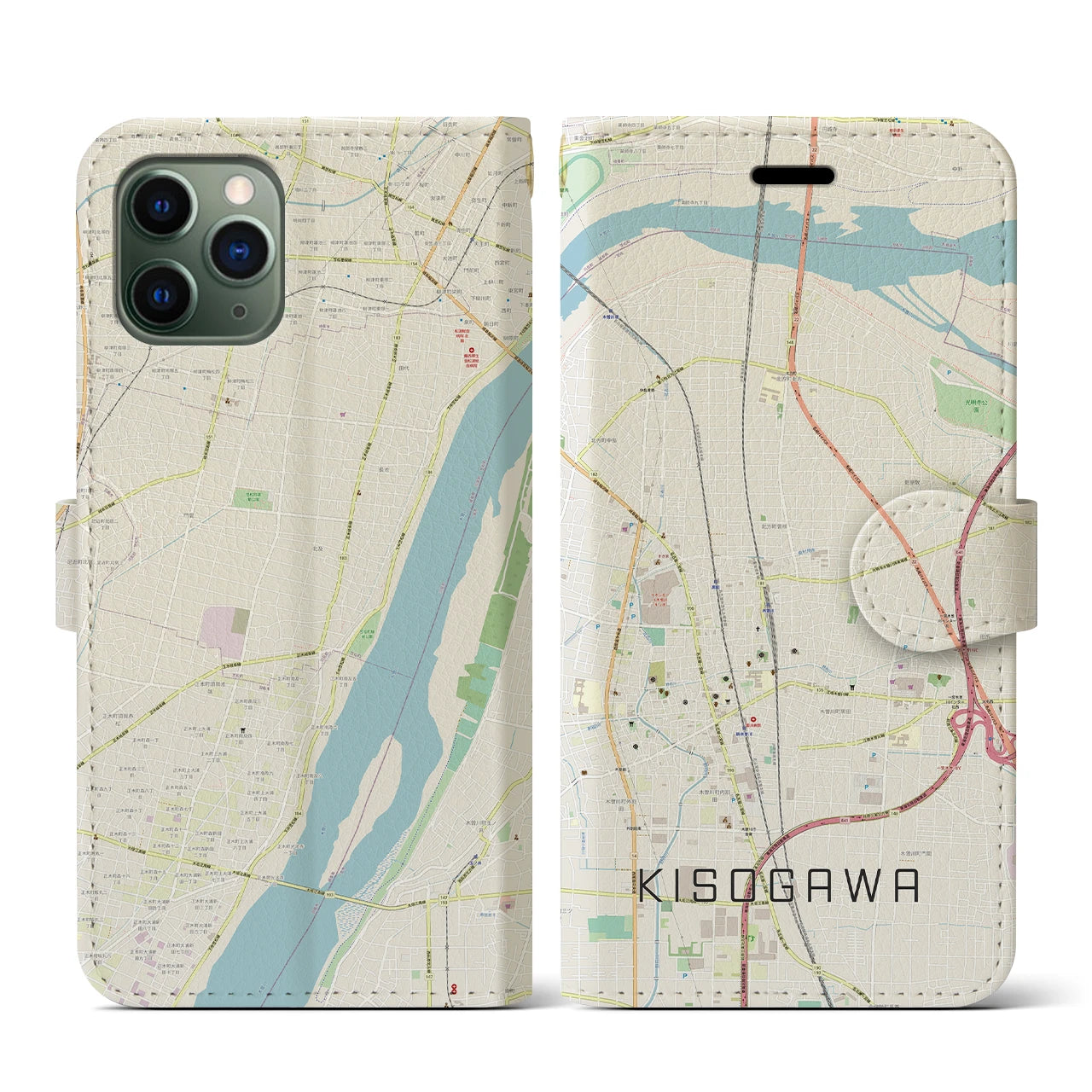 【木曽川(愛知県)】地図柄iPhoneケース(手帳タイプ)ナチュラル・iPhone 11 Pro 用