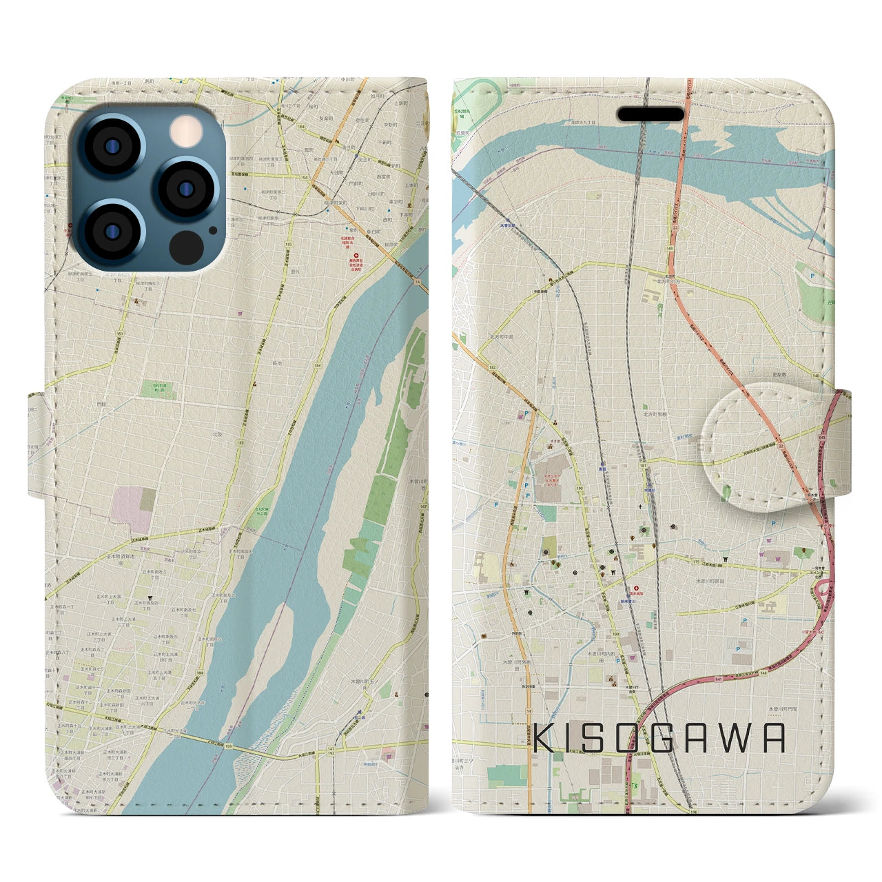 【木曽川(愛知県)】地図柄iPhoneケース(手帳タイプ)