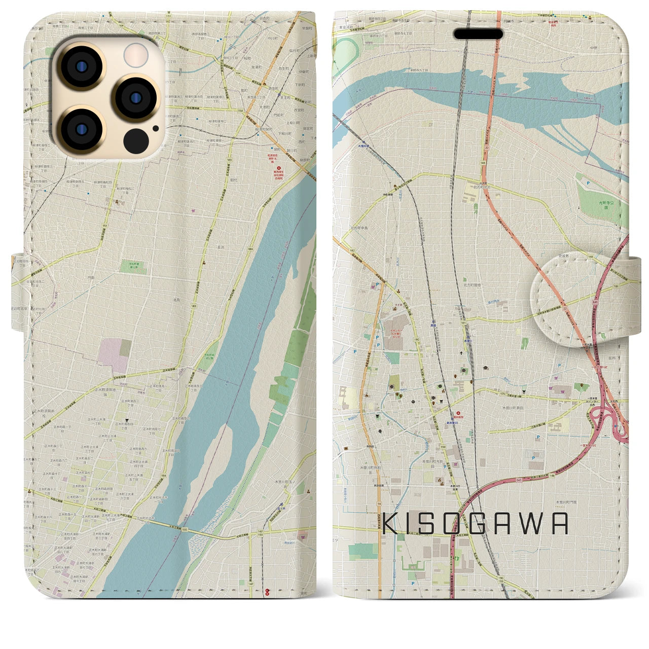 【木曽川(愛知県)】地図柄iPhoneケース(手帳タイプ)ナチュラル・iPhone 12 Pro Max 用