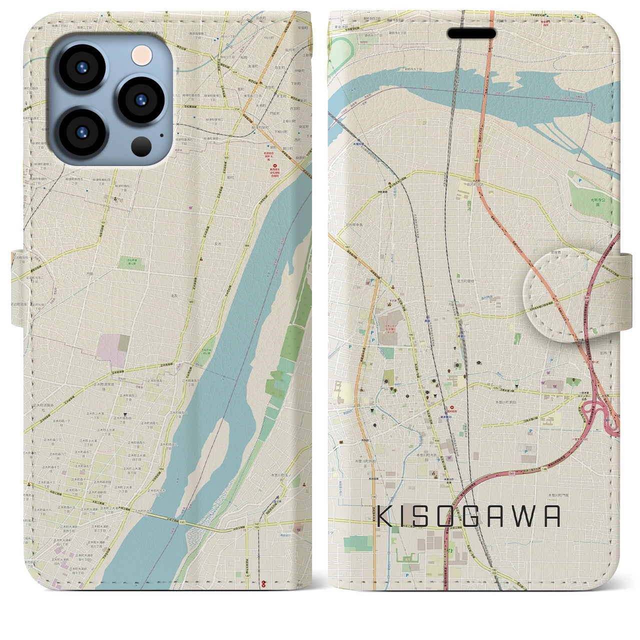 【木曽川(愛知県)】地図柄iPhoneケース(手帳タイプ)ナチュラル・iPhone 13 Pro Max 用