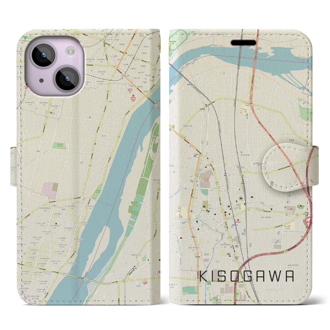 【木曽川(愛知県)】地図柄iPhoneケース(手帳タイプ)