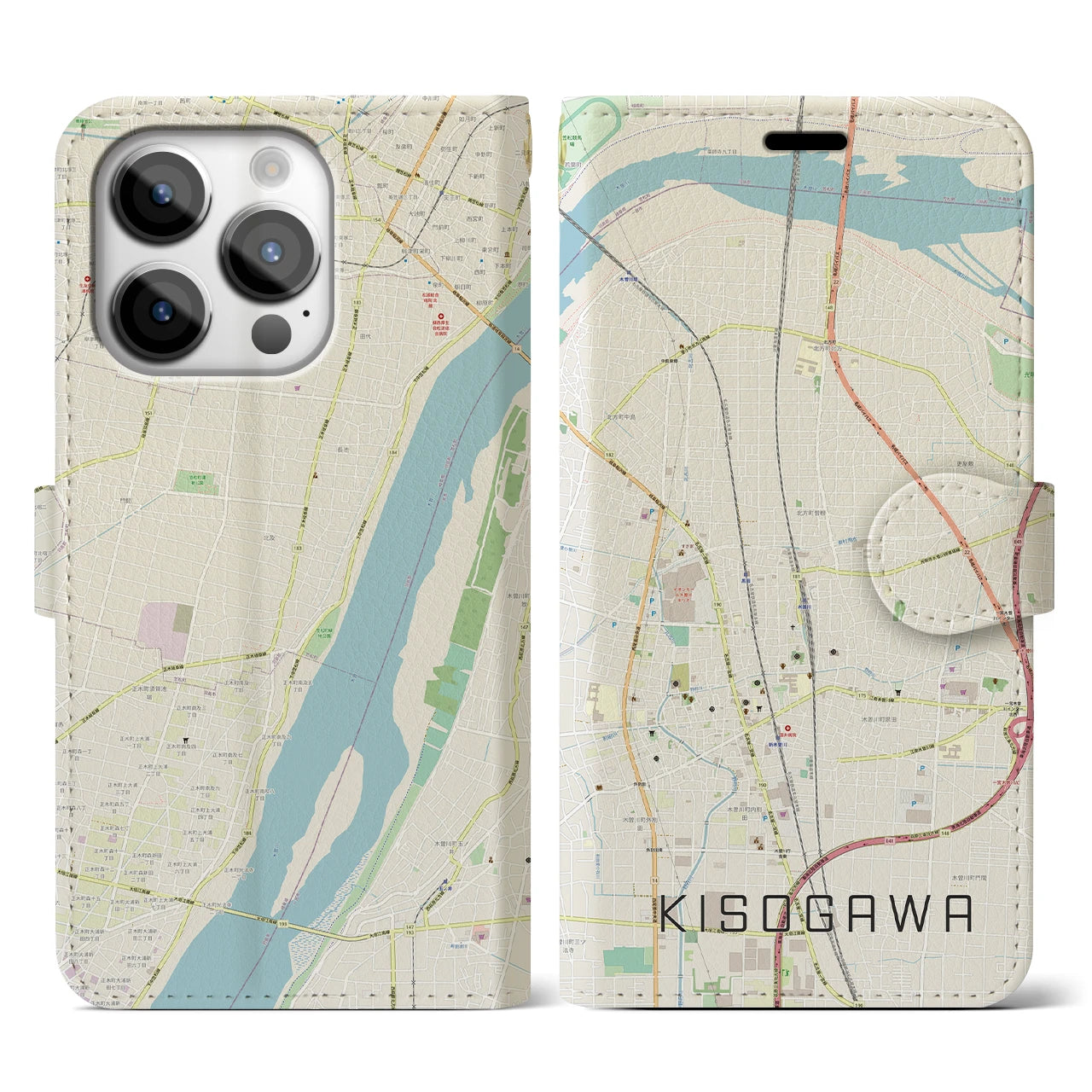 【木曽川(愛知県)】地図柄iPhoneケース(手帳タイプ)ナチュラル・iPhone 14 Pro 用