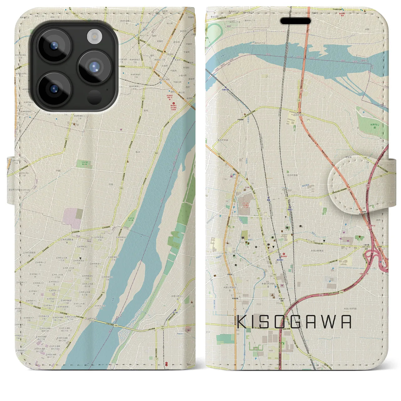 【木曽川(愛知県)】地図柄iPhoneケース(手帳タイプ)ナチュラル・iPhone 15 Pro Max 用