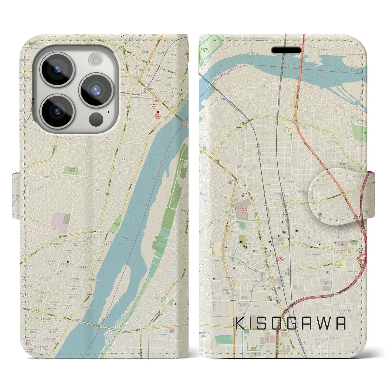 【木曽川(愛知県)】地図柄iPhoneケース(手帳タイプ)ナチュラル・iPhone 15 Pro 用
