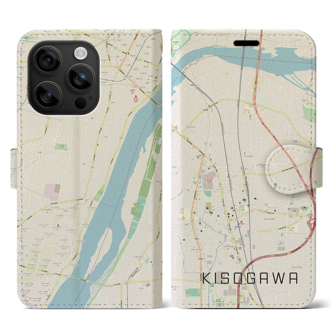 【木曽川(愛知県)】地図柄iPhoneケース(手帳タイプ)ナチュラル・iPhone 16 用
