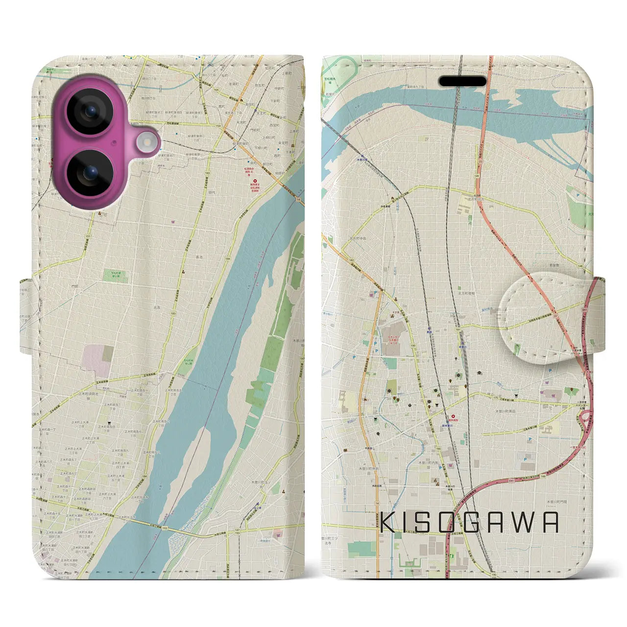 【木曽川(愛知県)】地図柄iPhoneケース(手帳タイプ)ナチュラル・iPhone 16 Pro 用