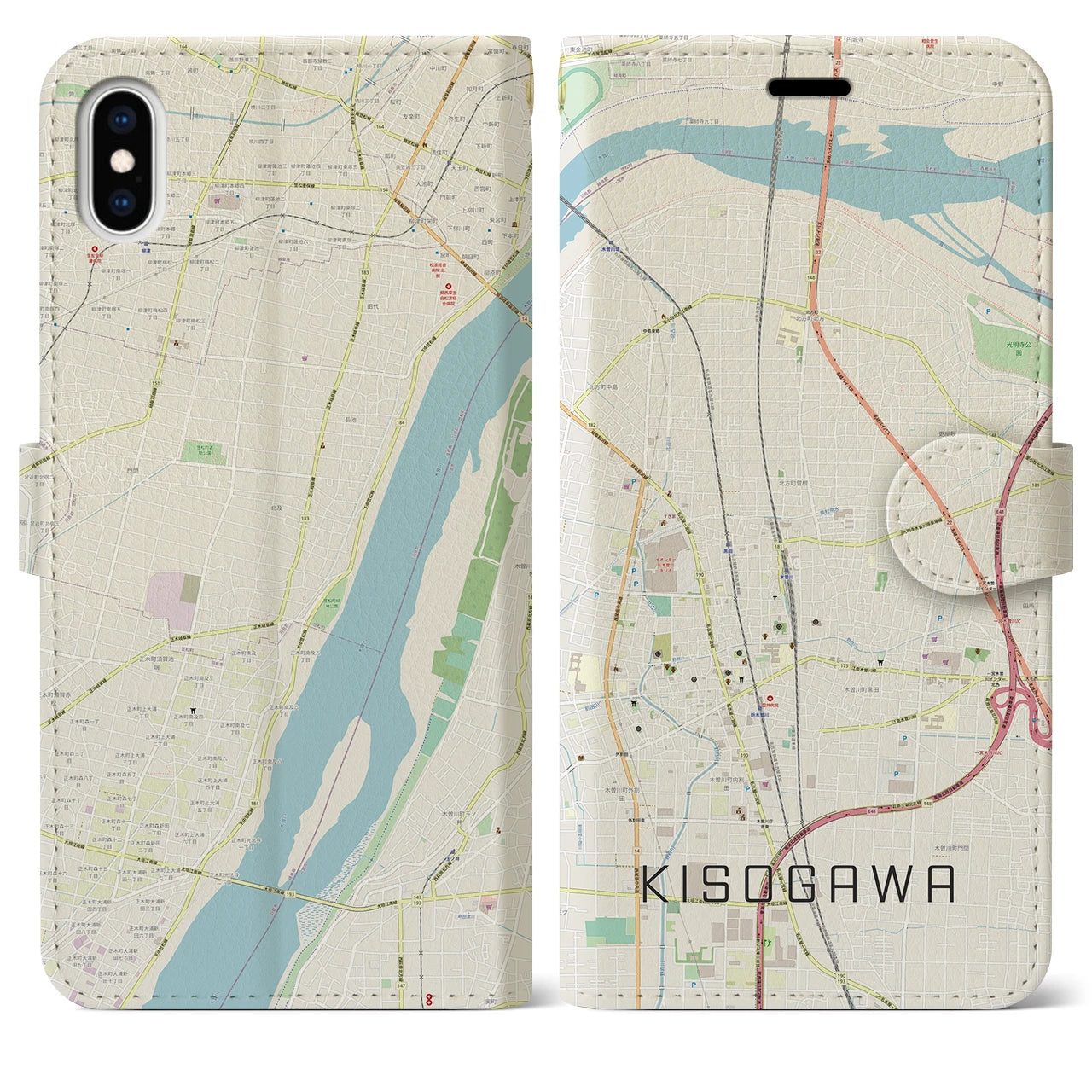 【木曽川(愛知県)】地図柄iPhoneケース(手帳タイプ)ナチュラル・iPhone XS Max 用