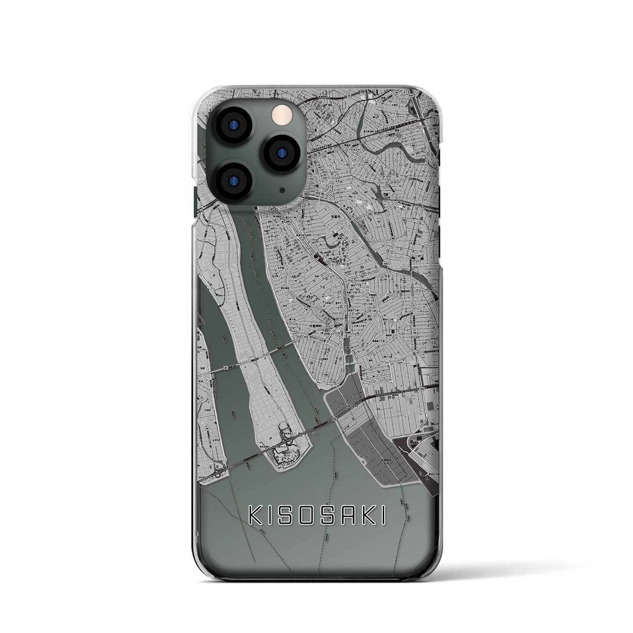 【木曽岬(三重県)】地図柄iPhoneケース(クリアタイプ)モノトーン・iPhone 11 Pro 用