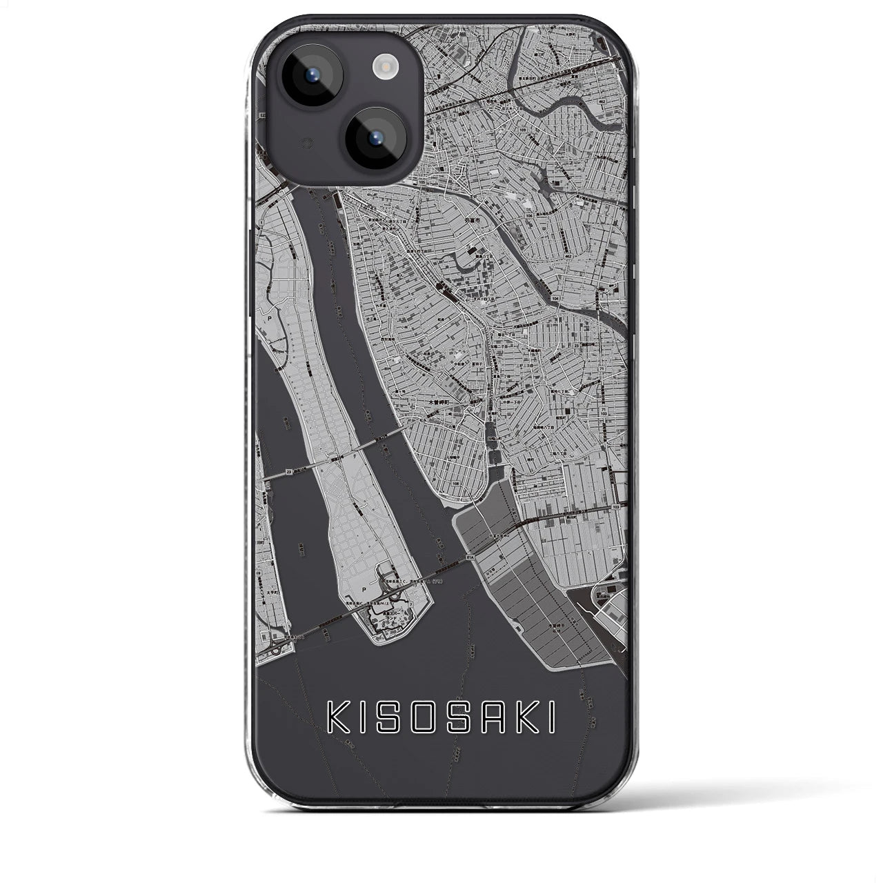 【木曽岬(三重県)】地図柄iPhoneケース(クリアタイプ)モノトーン・iPhone 14 Plus 用