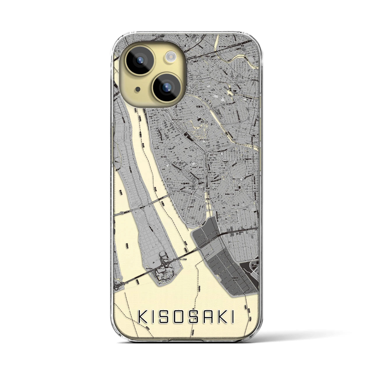 【木曽岬(三重県)】地図柄iPhoneケース(クリアタイプ)モノトーン・iPhone 15 用