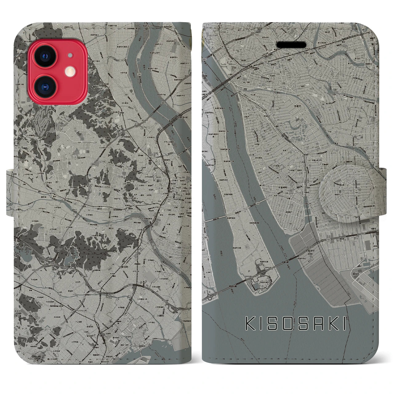 【木曽岬(三重県)】地図柄iPhoneケース(手帳タイプ)モノトーン・iPhone 11 用