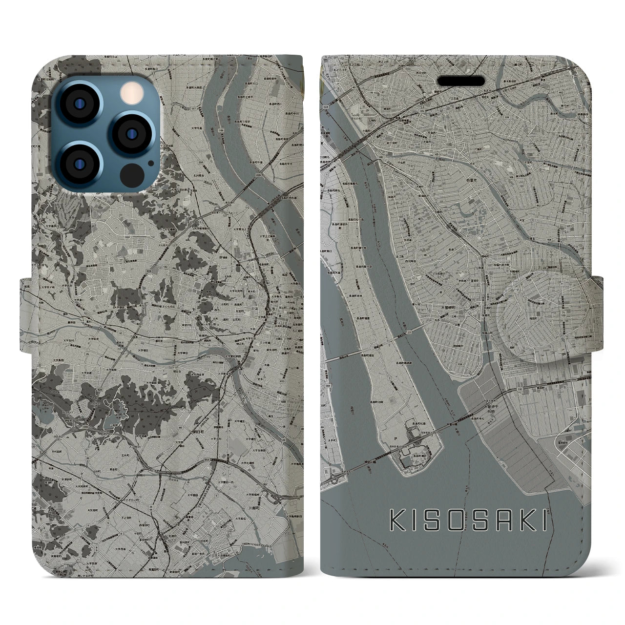 【木曽岬(三重県)】地図柄iPhoneケース(手帳タイプ)モノトーン・iPhone 12 / 12 Pro 用