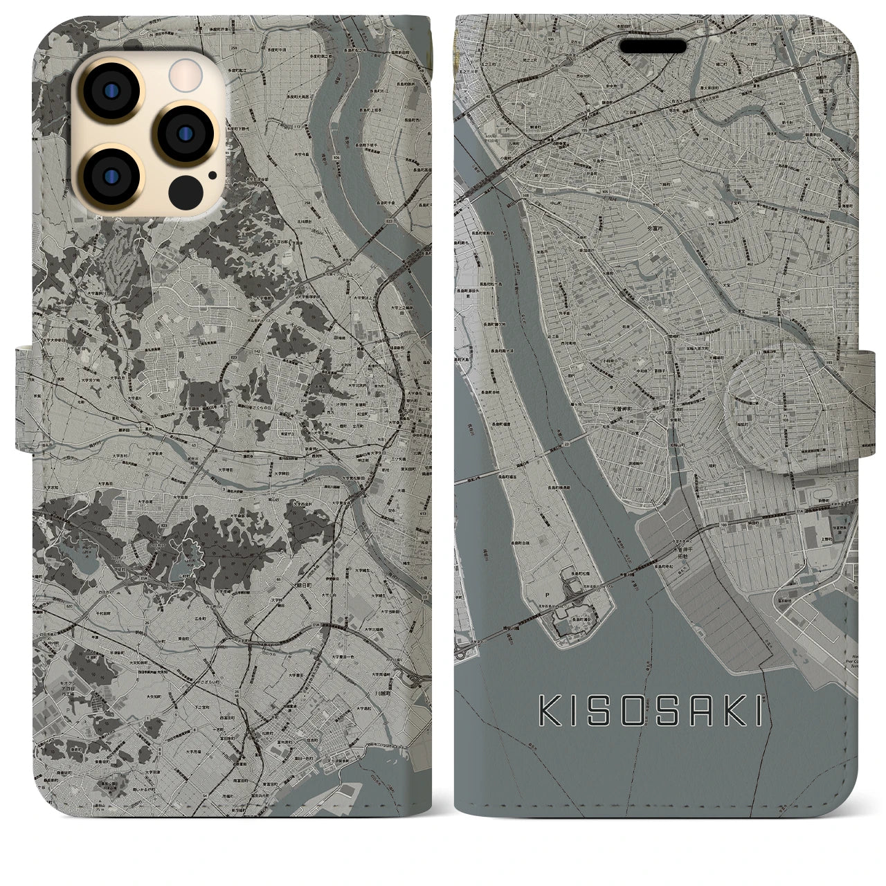 【木曽岬(三重県)】地図柄iPhoneケース(手帳タイプ)モノトーン・iPhone 12 Pro Max 用