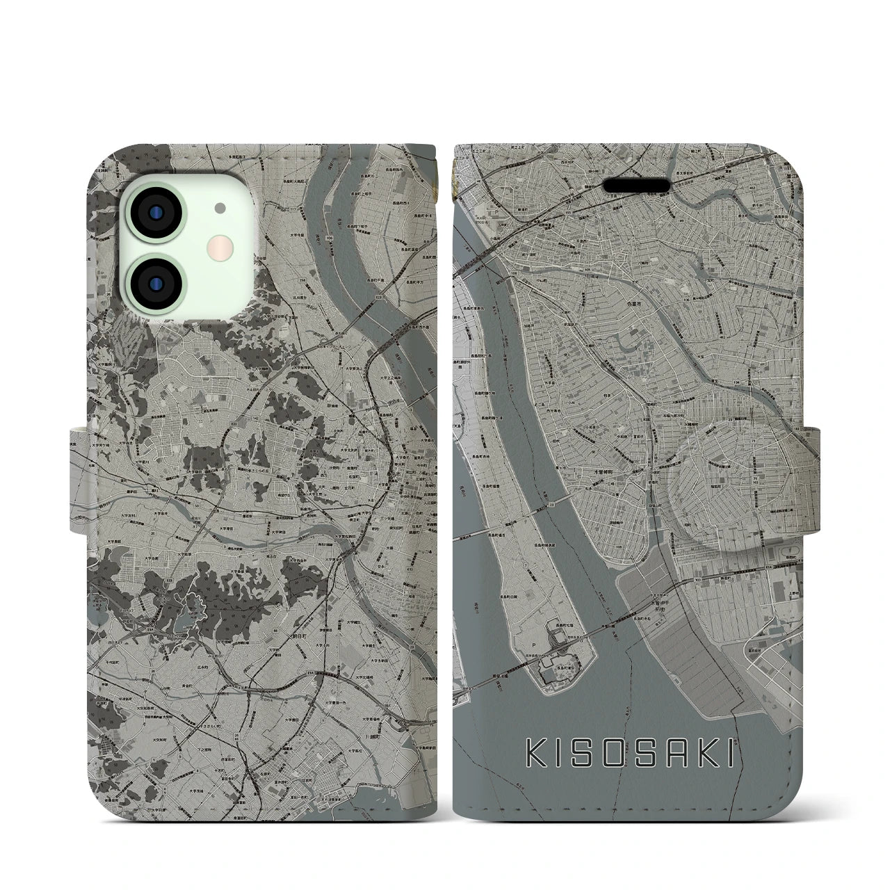 【木曽岬(三重県)】地図柄iPhoneケース(手帳タイプ)モノトーン・iPhone 12 mini 用