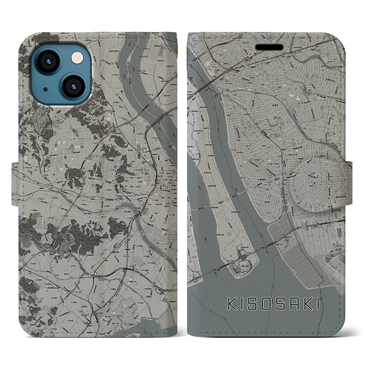 【木曽岬(三重県)】地図柄iPhoneケース(手帳タイプ)モノトーン・iPhone 13 用