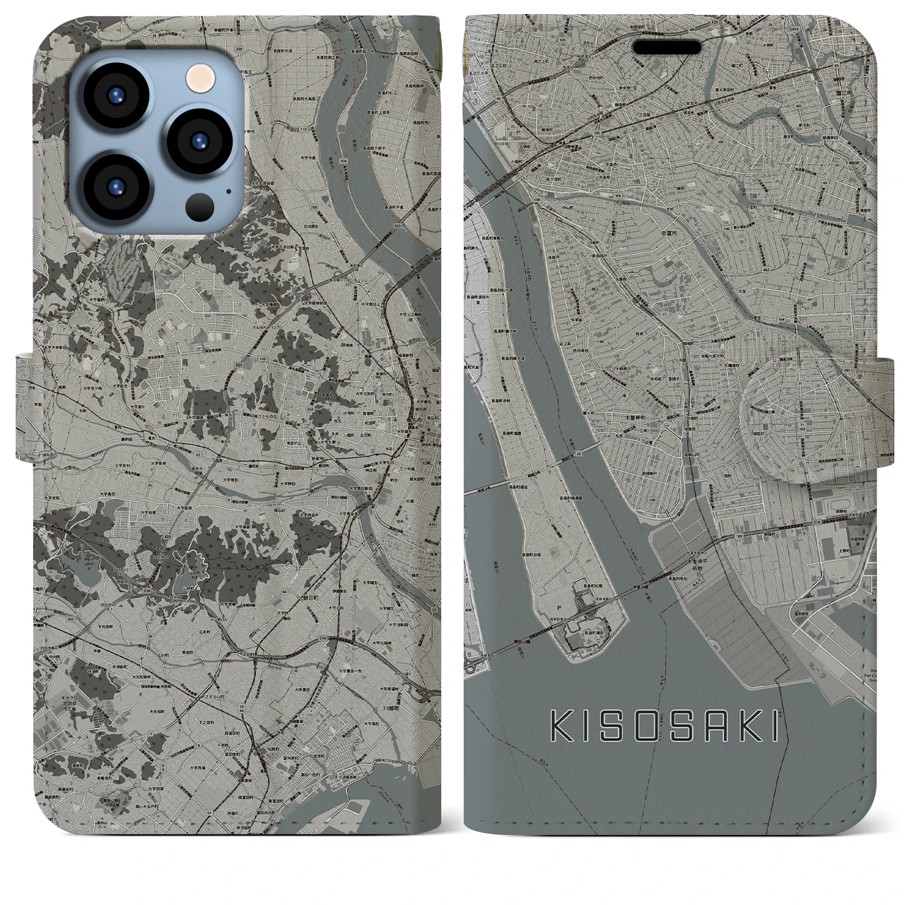 【木曽岬(三重県)】地図柄iPhoneケース(手帳タイプ)モノトーン・iPhone 13 Pro Max 用