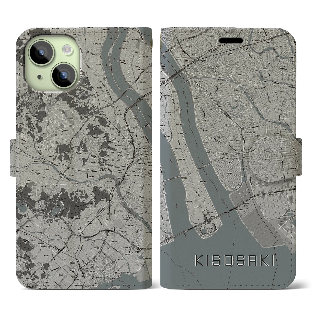 【木曽岬(三重県)】地図柄iPhoneケース(手帳タイプ)モノトーン・iPhone 15 用