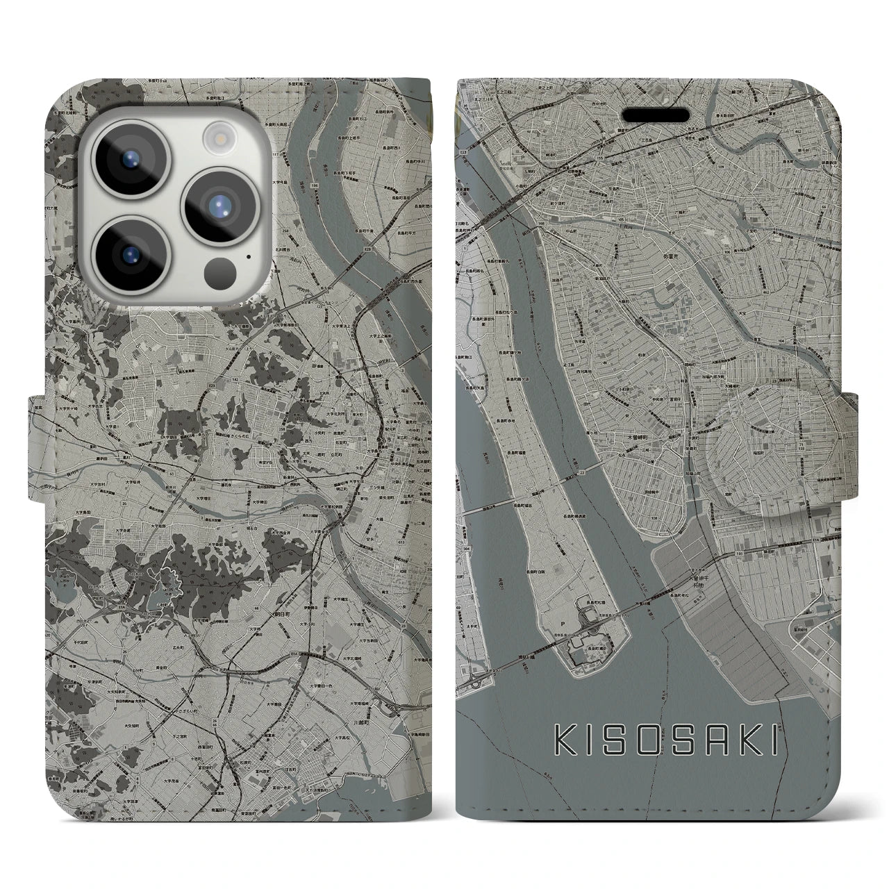 【木曽岬(三重県)】地図柄iPhoneケース(手帳タイプ)モノトーン・iPhone 15 Pro 用