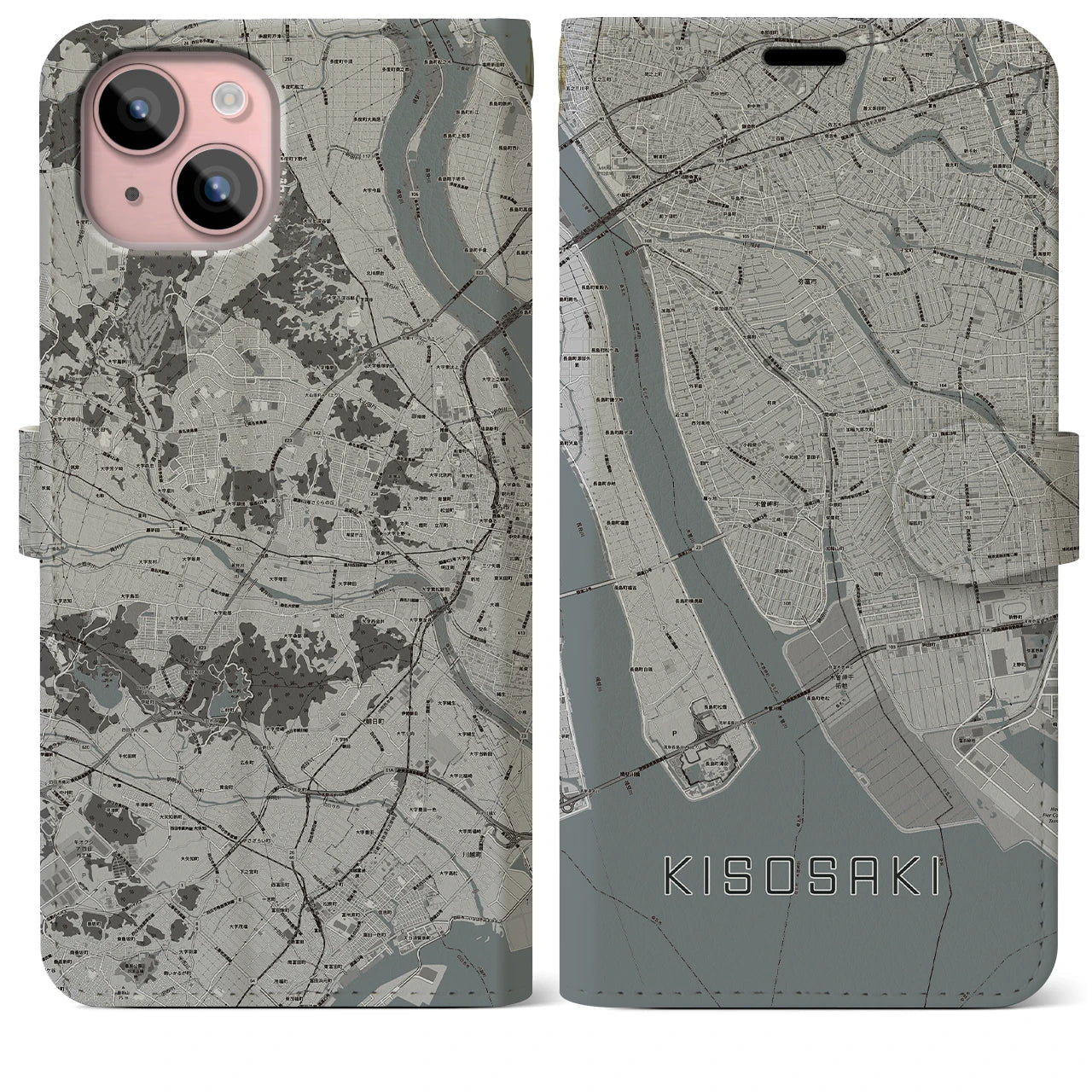 【木曽岬(三重県)】地図柄iPhoneケース(手帳タイプ)モノトーン・iPhone 15 Plus 用