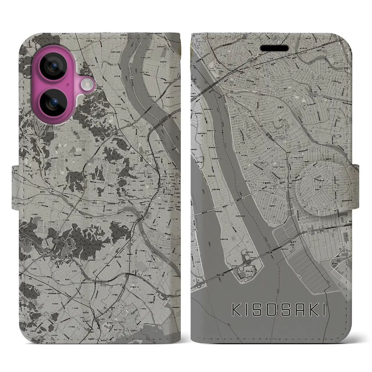 【木曽岬(三重県)】地図柄iPhoneケース(手帳タイプ)モノトーン・iPhone 16 Pro 用