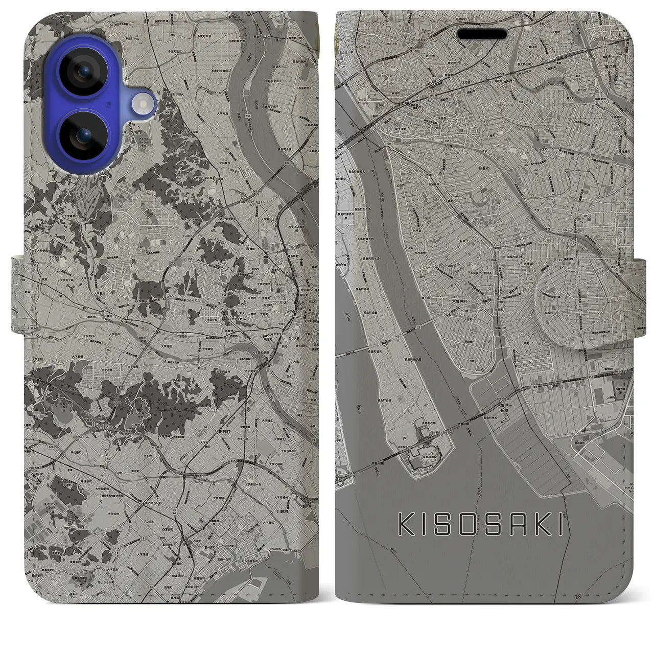 【木曽岬(三重県)】地図柄iPhoneケース(手帳タイプ)モノトーン・iPhone 16 Pro Max 用