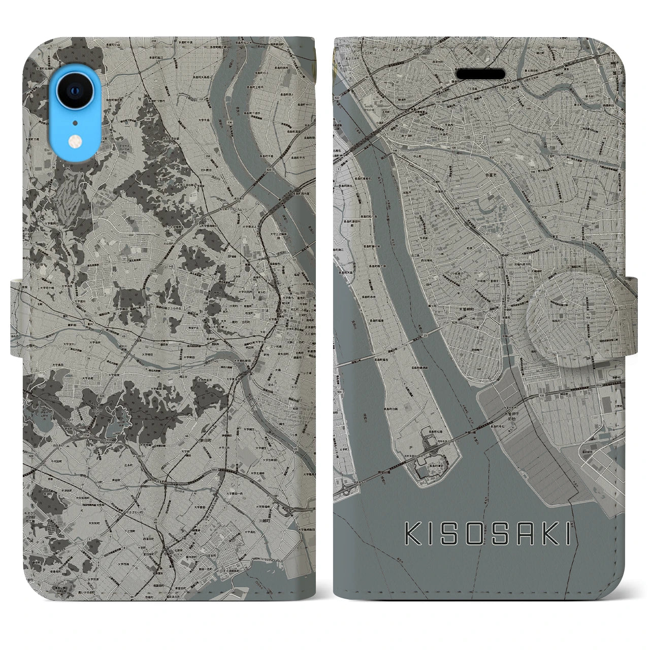 【木曽岬(三重県)】地図柄iPhoneケース(手帳タイプ)モノトーン・iPhone XR 用