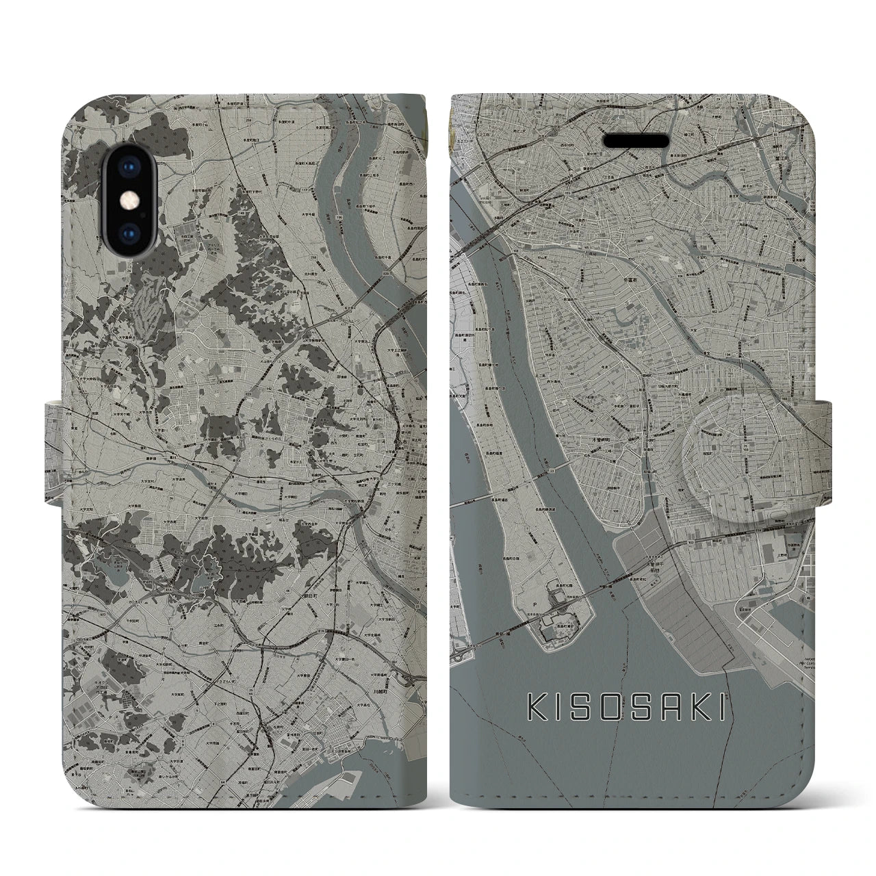 【木曽岬(三重県)】地図柄iPhoneケース(手帳タイプ)モノトーン・iPhone XS / X 用