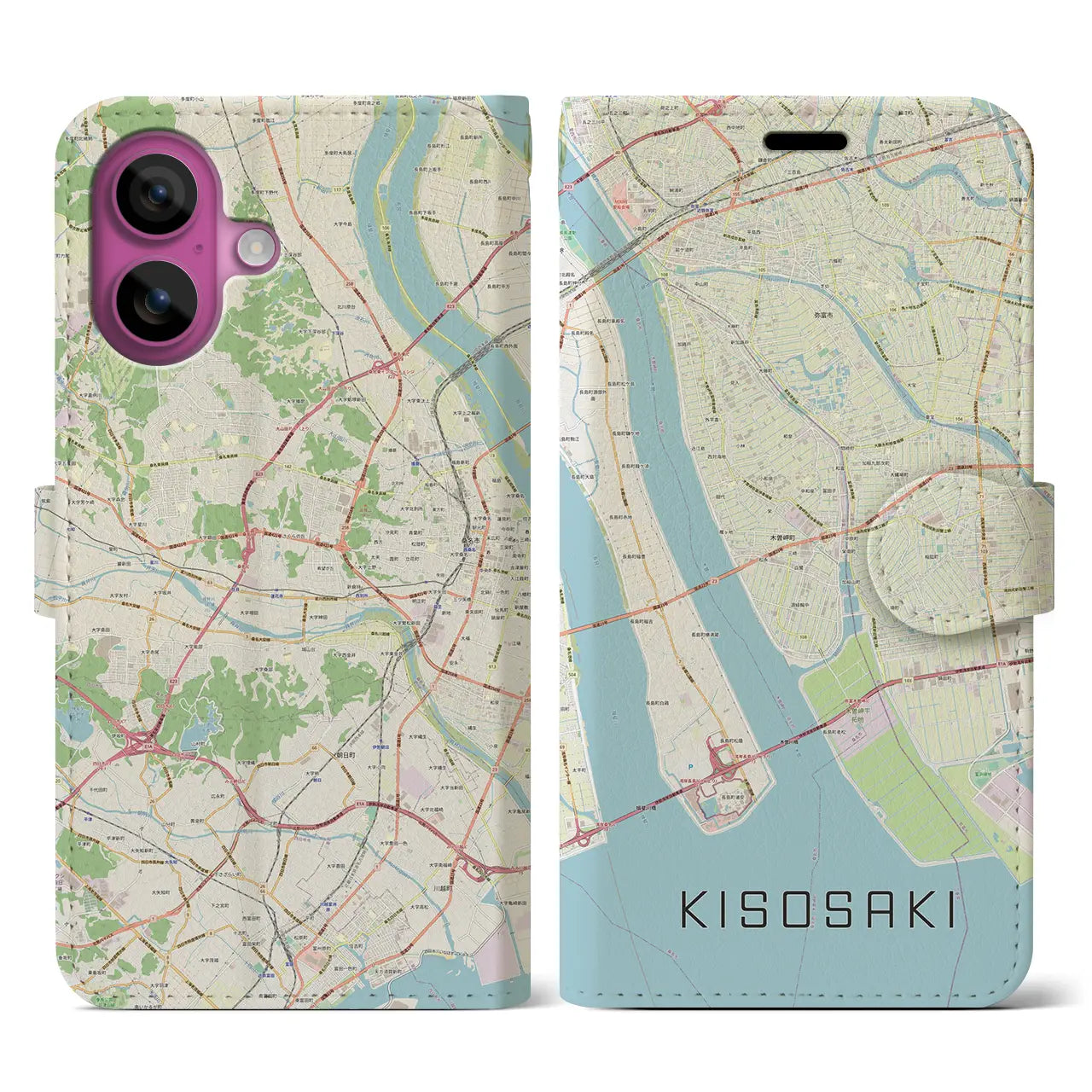 【木曽岬(三重県)】地図柄iPhoneケース(手帳タイプ)ナチュラル・iPhone 16 Pro 用