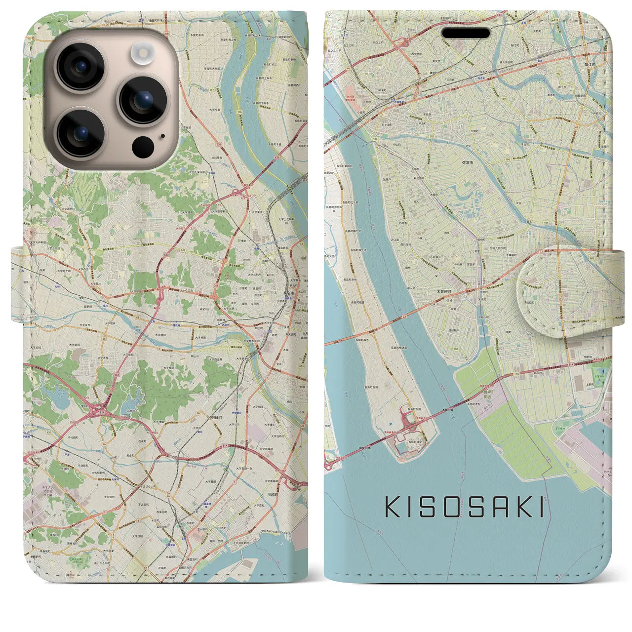 【木曽岬(三重県)】地図柄iPhoneケース(手帳タイプ)ナチュラル・iPhone 16 Plus 用