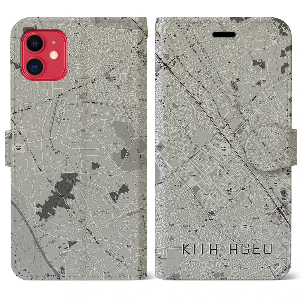 【北上尾(埼玉県)】地図柄iPhoneケース(手帳タイプ)モノトーン・iPhone 11 用