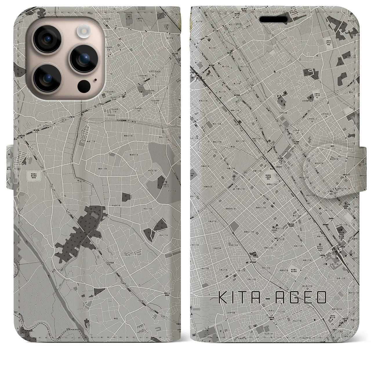【北上尾(埼玉県)】地図柄iPhoneケース(手帳タイプ)モノトーン・iPhone 16 Plus 用